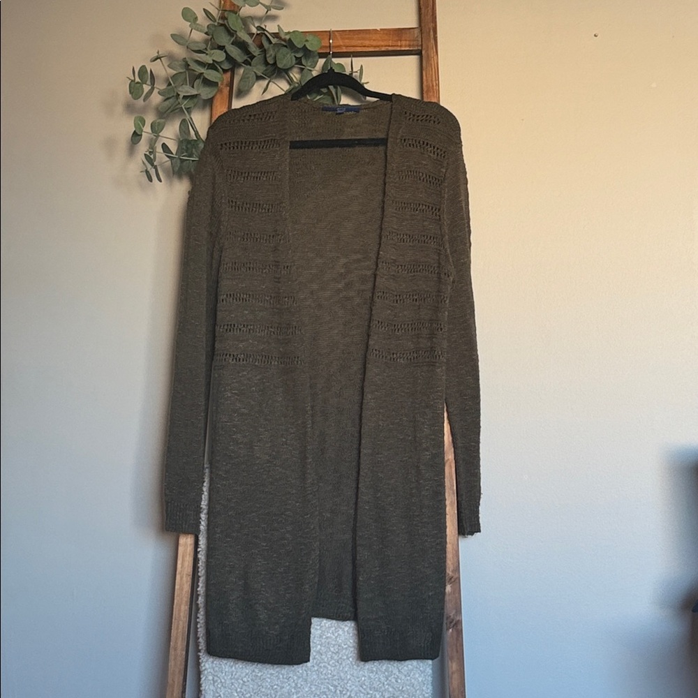 Open-Front Olive Green Longline Women's Cardigan Sweater